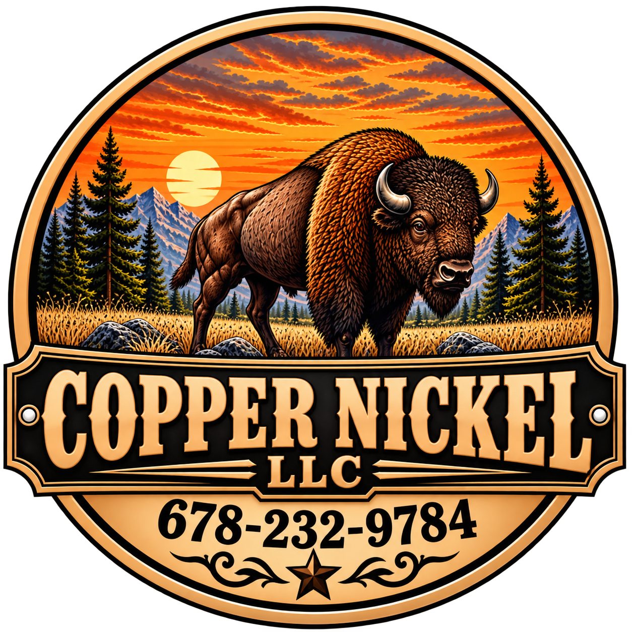 Copper Nickel LLC bison sunset badge with mountains, pine trees, and phone number 678-232-9784